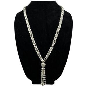 Vintage 80s Silver Beaded Tassel Necklace White Crystal Drop Statement Piece
